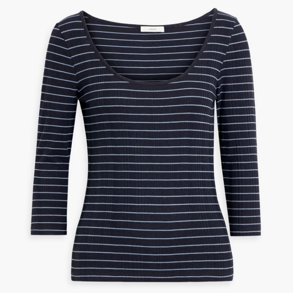 Vince Striped Ribbed Knit Scoop Neck Top